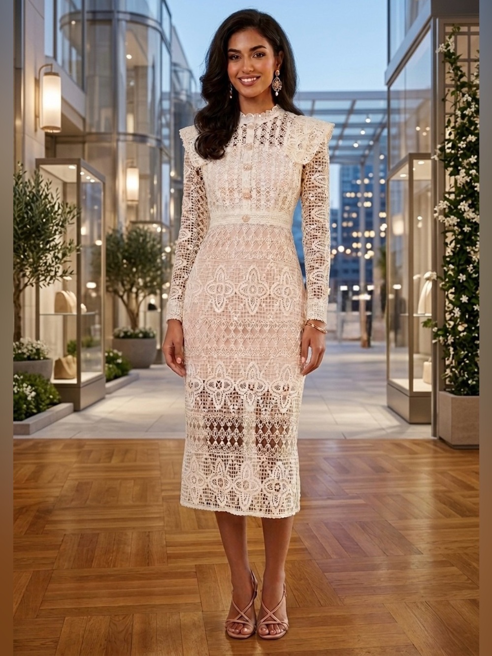 Han Qing Mu Mu Long Sleeve Lace Midi Dress in Cream size Medium